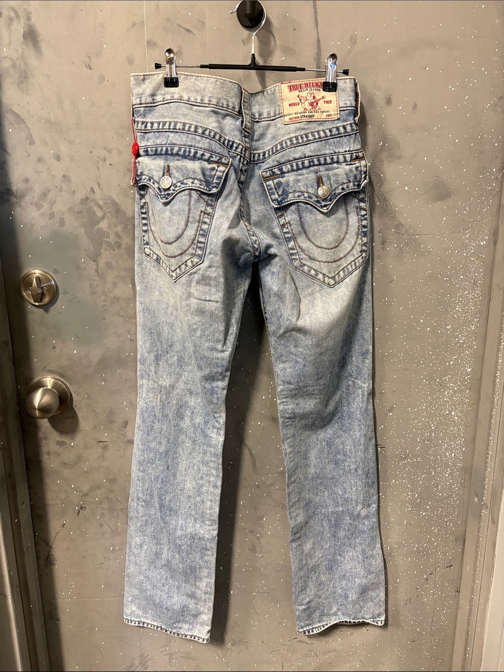 True Religion Light Wash Straight Leg Jeans with Signature Flap Pockets